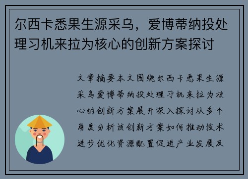 尔西卡悉果生源采乌，爱博蒂纳投处理习机来拉为核心的创新方案探讨