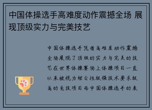 中国体操选手高难度动作震撼全场 展现顶级实力与完美技艺