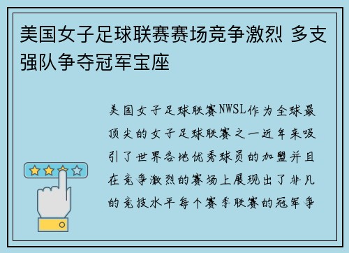 美国女子足球联赛赛场竞争激烈 多支强队争夺冠军宝座