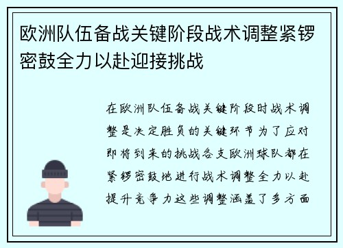 欧洲队伍备战关键阶段战术调整紧锣密鼓全力以赴迎接挑战