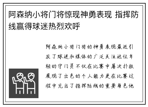 阿森纳小将门将惊现神勇表现 指挥防线赢得球迷热烈欢呼